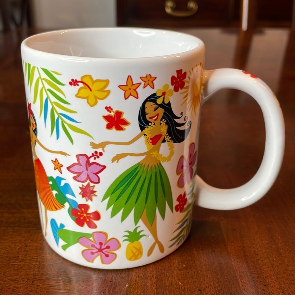 Island Hula Honeys Mug 12 oz White Coffee Cup Hawaiian Florals Hula Dancers Maui